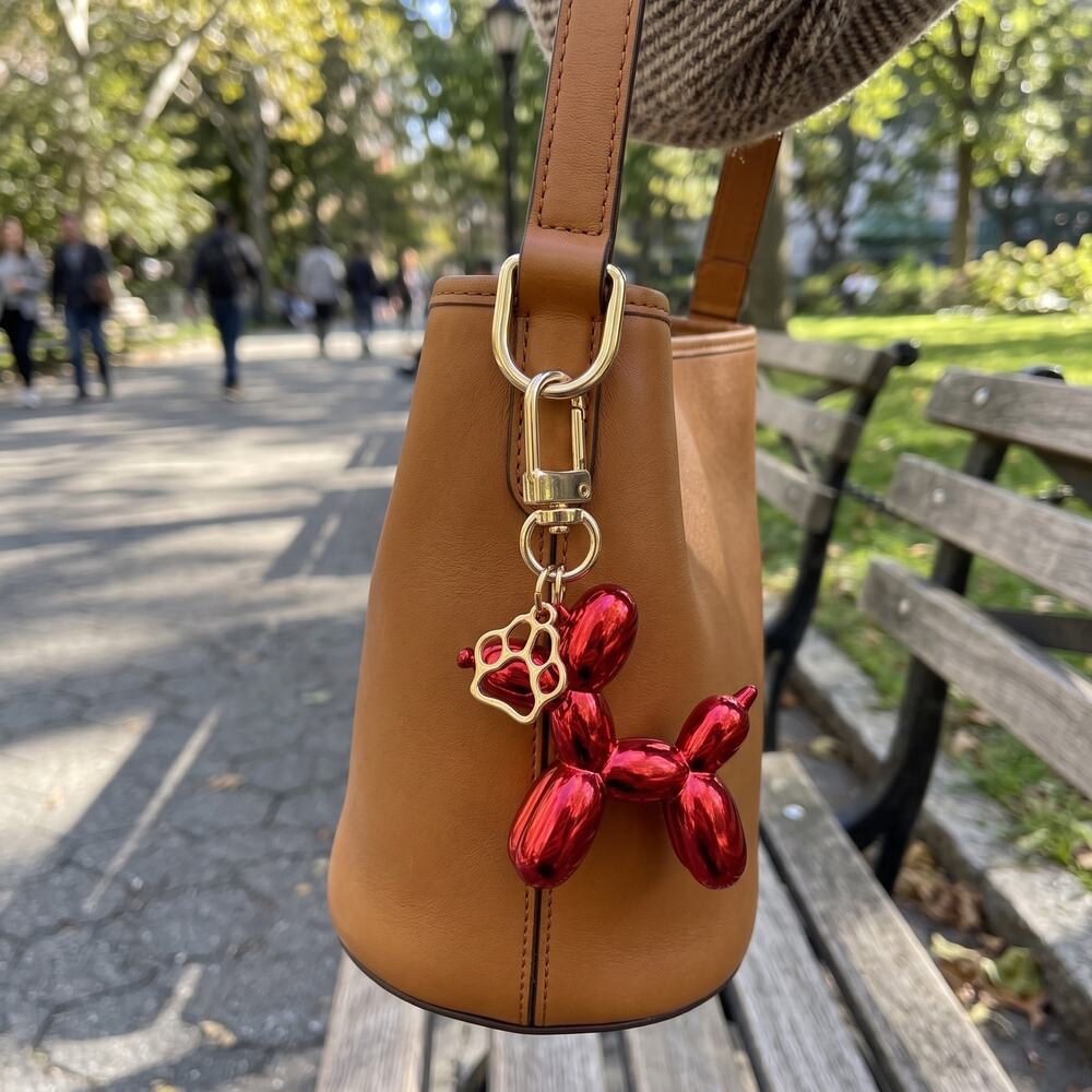 3/$25 - Red Balloon Dog Keychain Charm Gold Tone Dog Lover Accessory